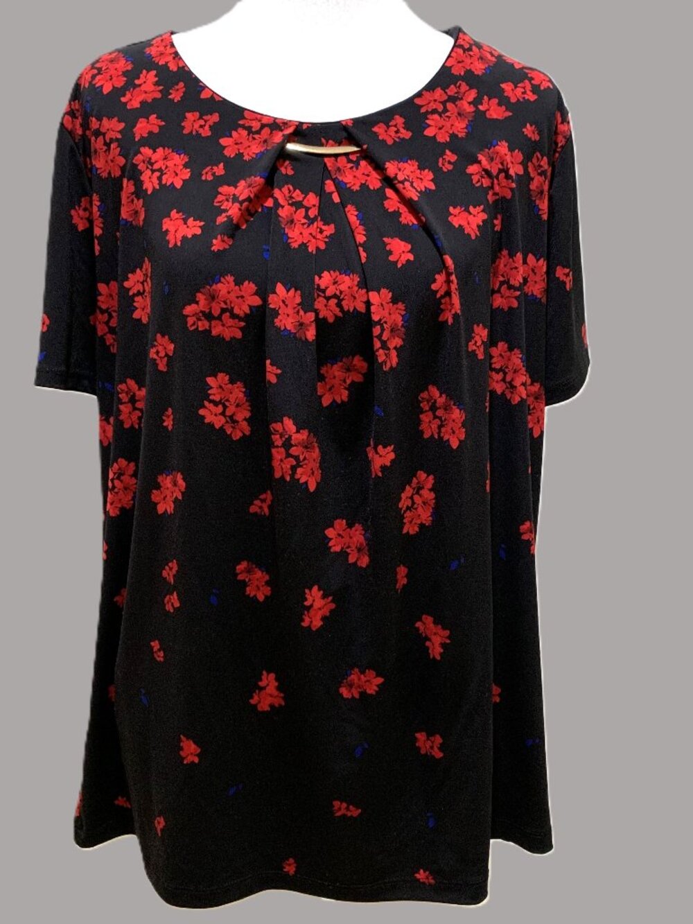 Liz Claiborne Career Blouse Black Floral Women Short Sleeve Wrinkle Free Size XL